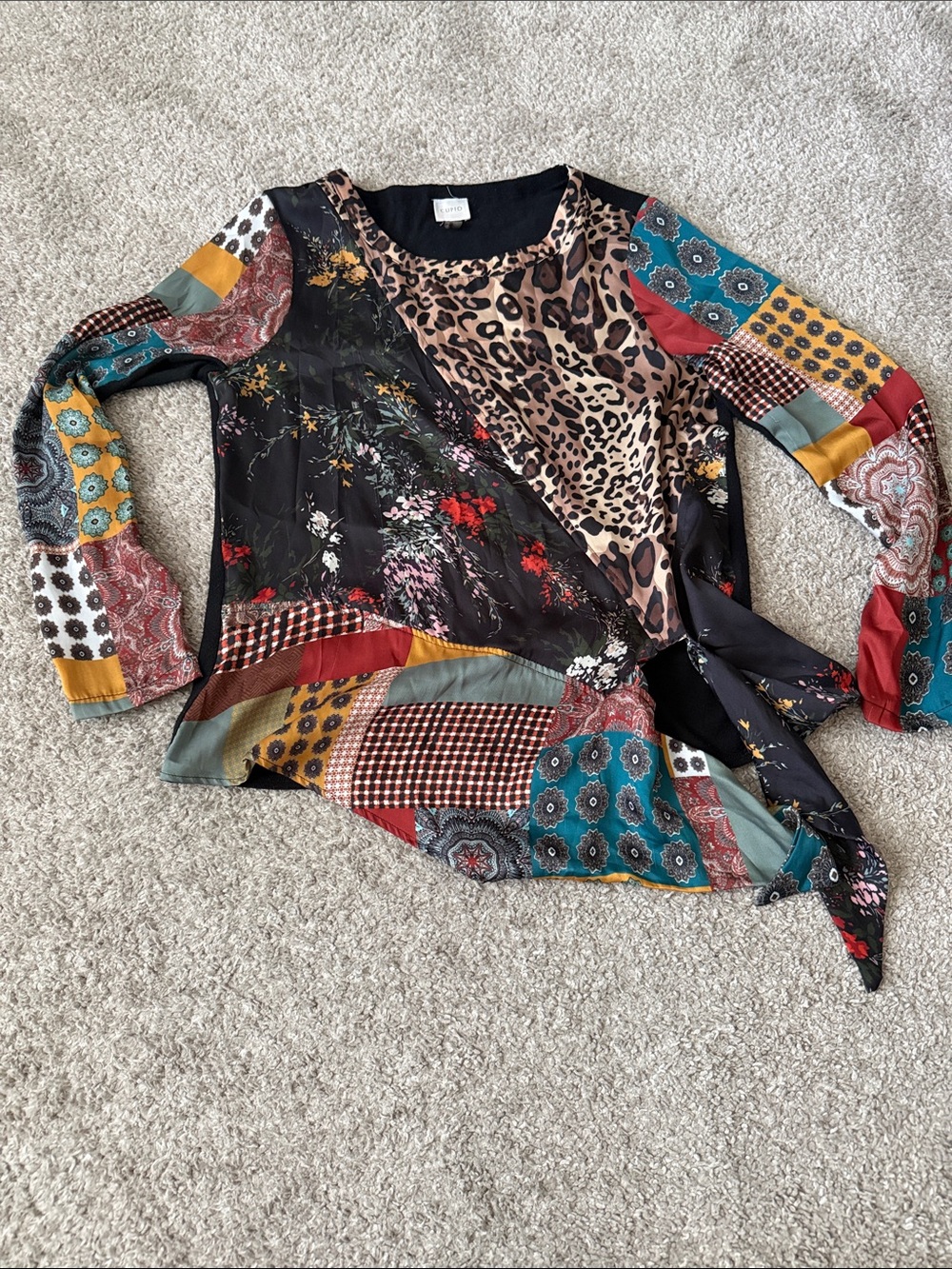 Cupio Multicolor Patchwork Tie-Waist Blouse